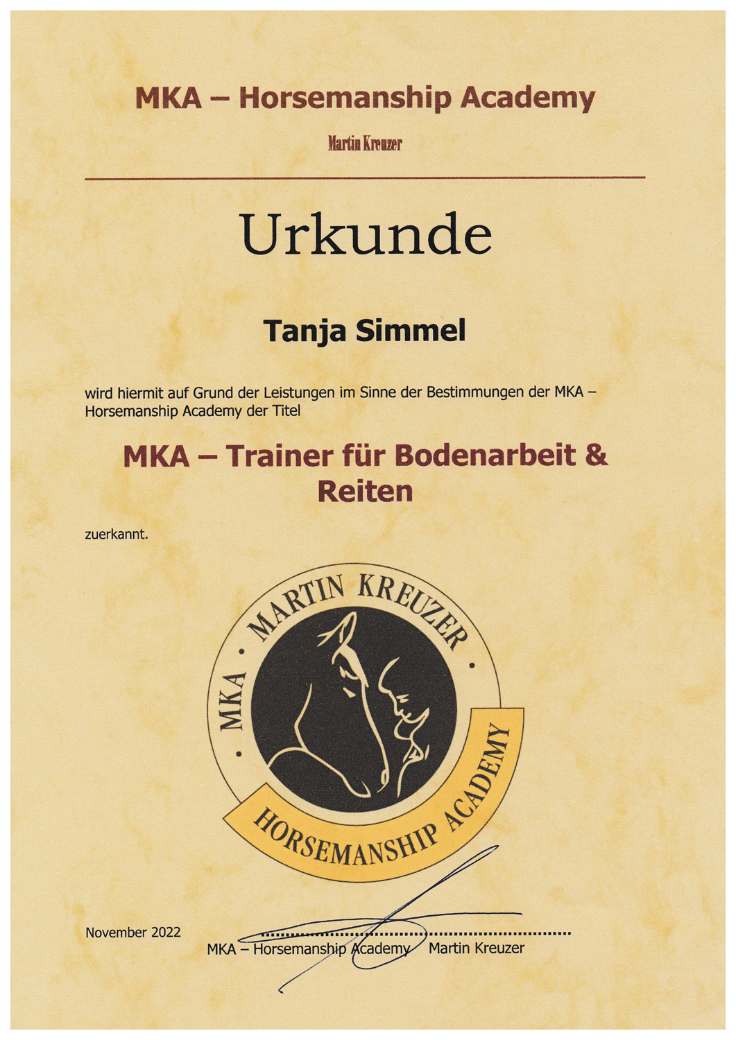 Urkunde MKA Trainer für Bodenarbeit und Reiten